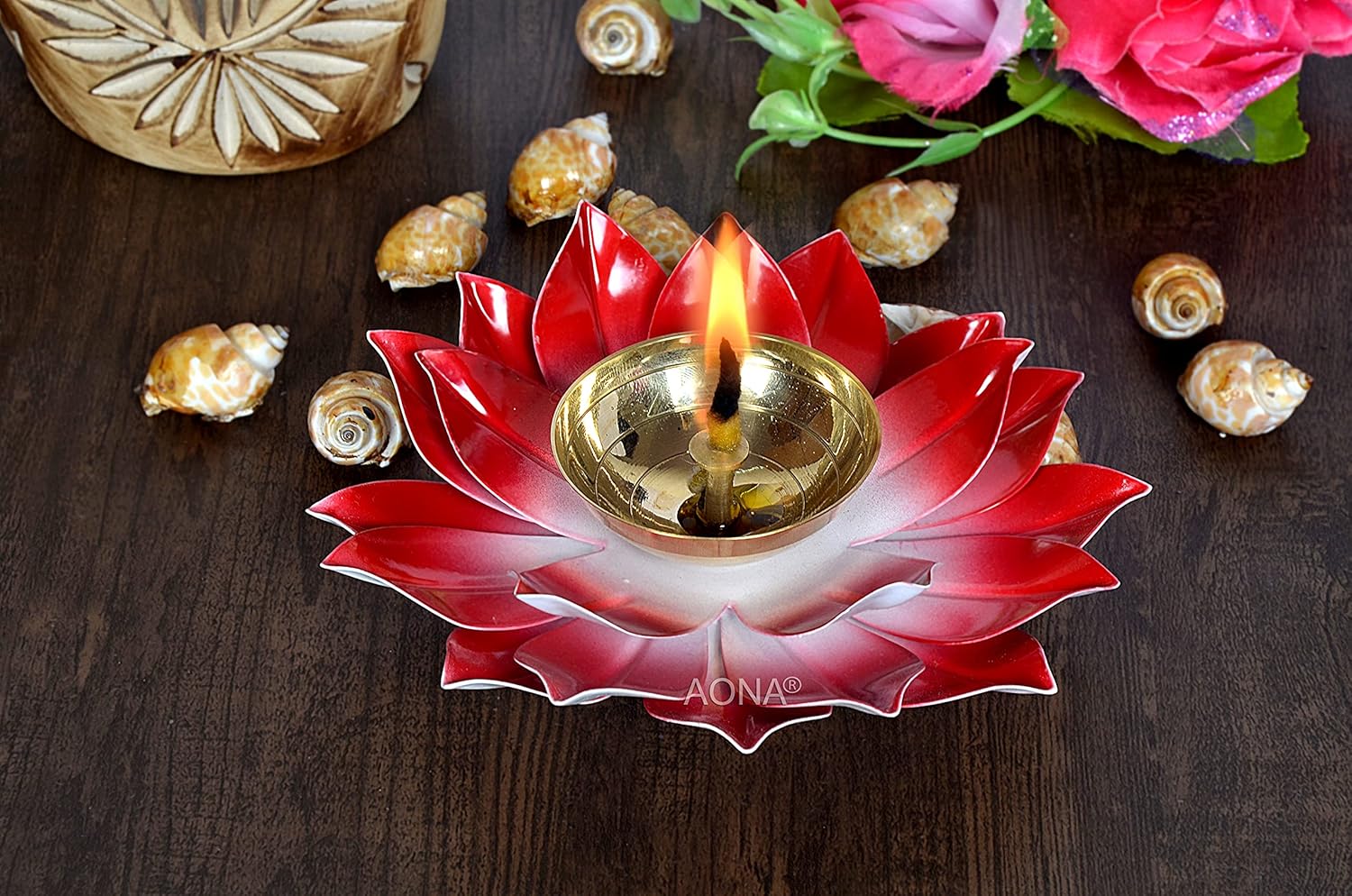 AONA Metal Lotus Diya for Pooja Oil Lamp for Mandir and Temple (Pink, Width: 6 Inches)